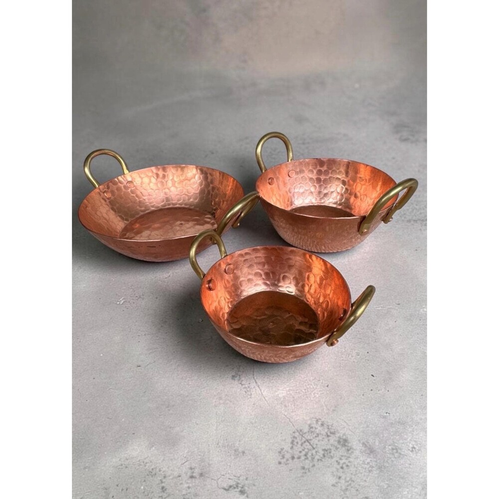 Mini Hammered Copper Serving Bowl Set of 3 with Brass Handles